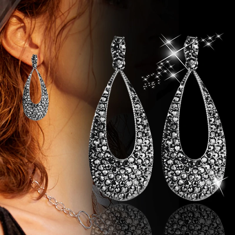 

LEEKER Vintage Big Waterdrop Statement Earrings Black Gun Silver Color Full Cubic Zircon Drop Earrings For Women Jewelry LK8