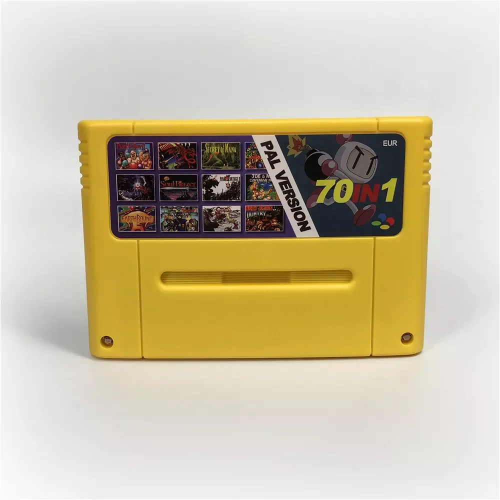 

Super 70 in 1 EUR PAL Game Cartridge With Games Soul Blazer Pocky and Rocky 2 F-Zero Donkey Kong 1 2 3 Country Super Metroided