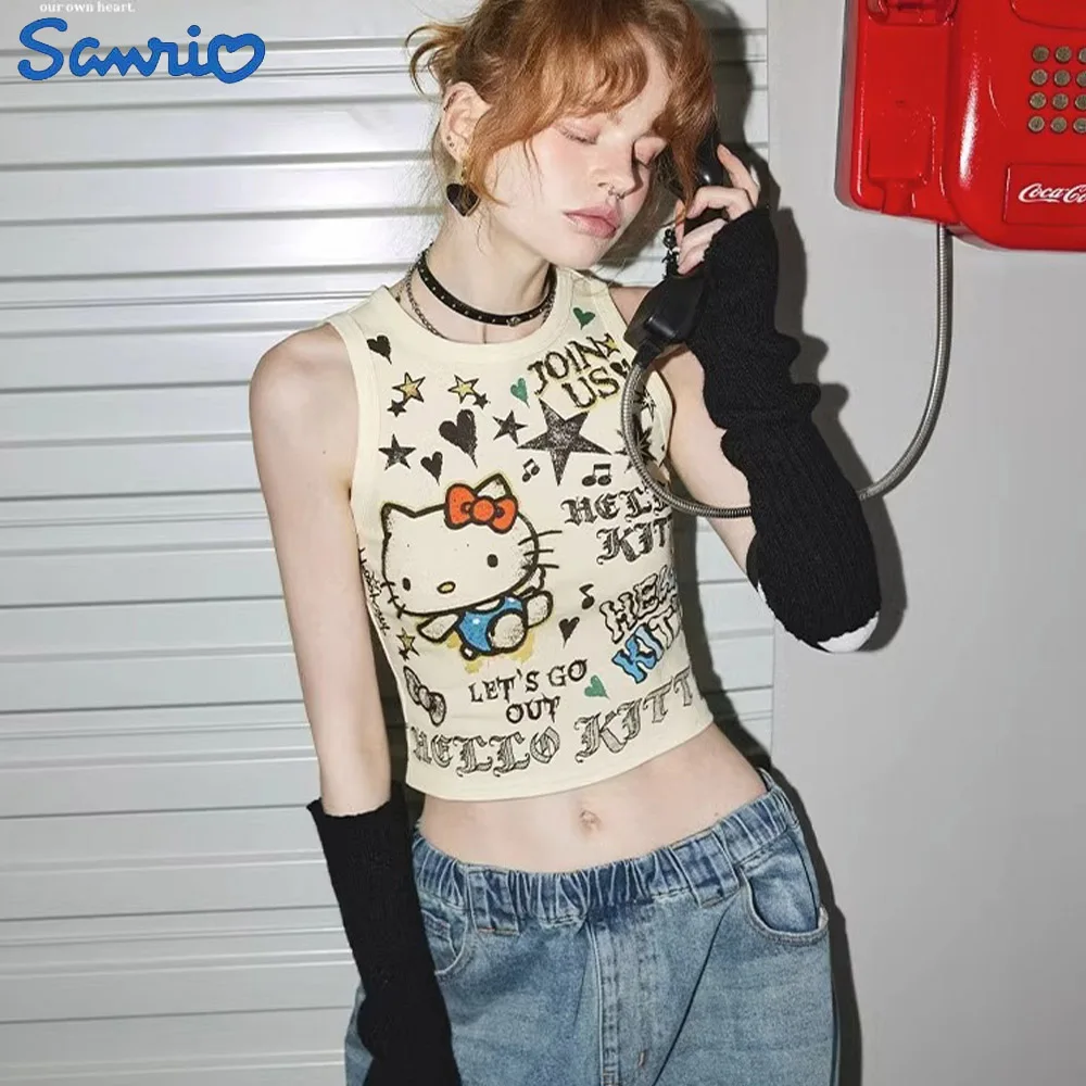 

Cartoon Sanrio Hello Kitty Camisole Knitted Vest Cotton Sling Sexy Campus Girl T Shirt Street Fashion Navel Exposed Outfit Gifts