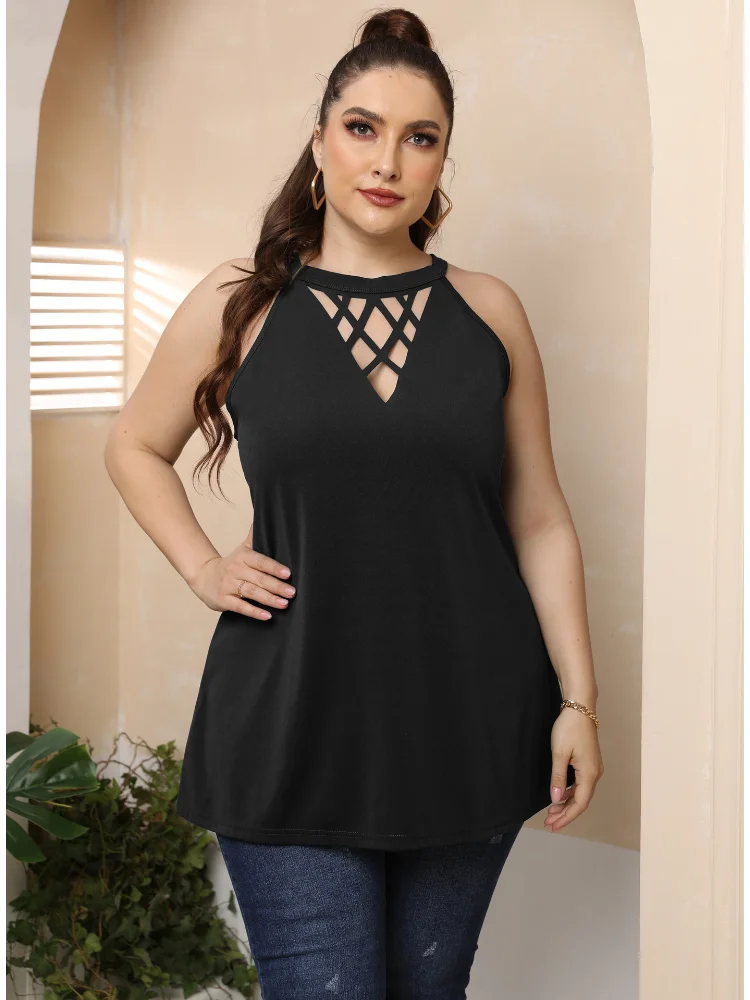 Plus size women sexy openwork burnt-out halter top bottoming shirt casual top plus size feminino t-shirts