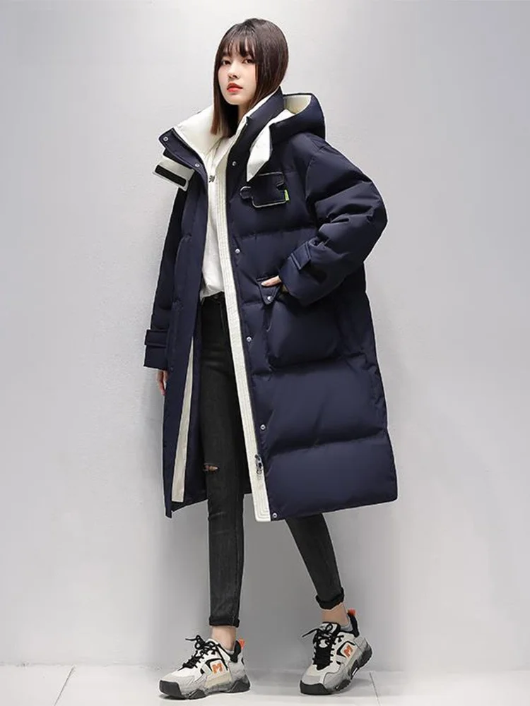 Duck Mid-Length Down jacket Women Contrast Color Korean Sle Thick Loose Slimming over the Knee Outerwear 2024 Winter N...