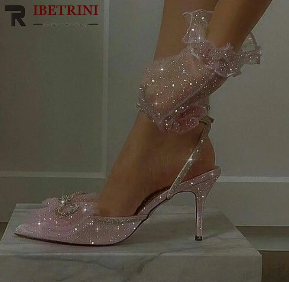 

Women's Wedding Dress Sandals Bow Knot Ankle Buckle Strap Thin Heel Pointed Toe Shoes Bling Sweet 2022 Trendy Brand Sexy Elegant