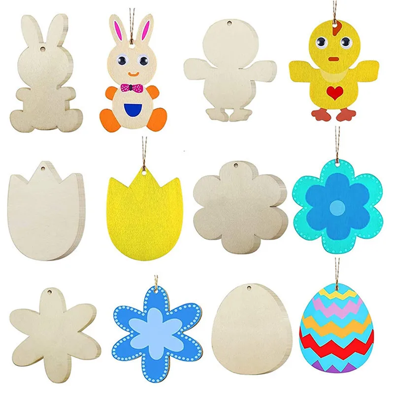 

10pcs Easter Crafts Wooden Embellishments Unfinished Wood Easter Ornaments Egg Bunny Chick Tulip Flower Shape Cutouts with Holes