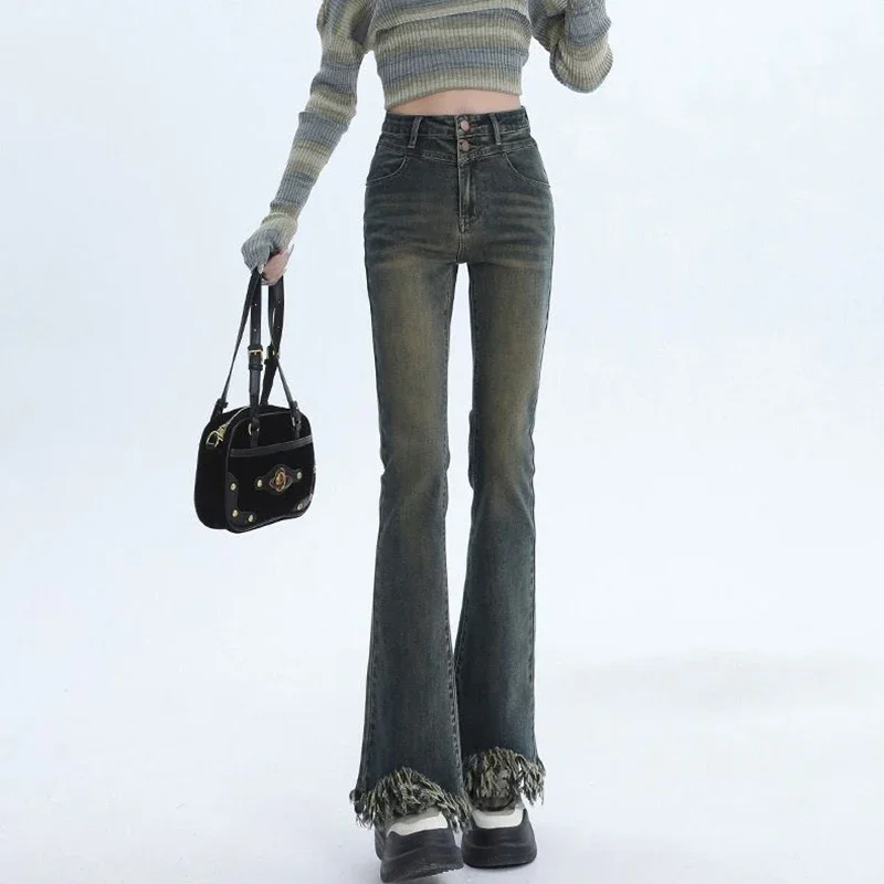 Женские эластичные уличные расклешенные джинсы с высокой талией женские