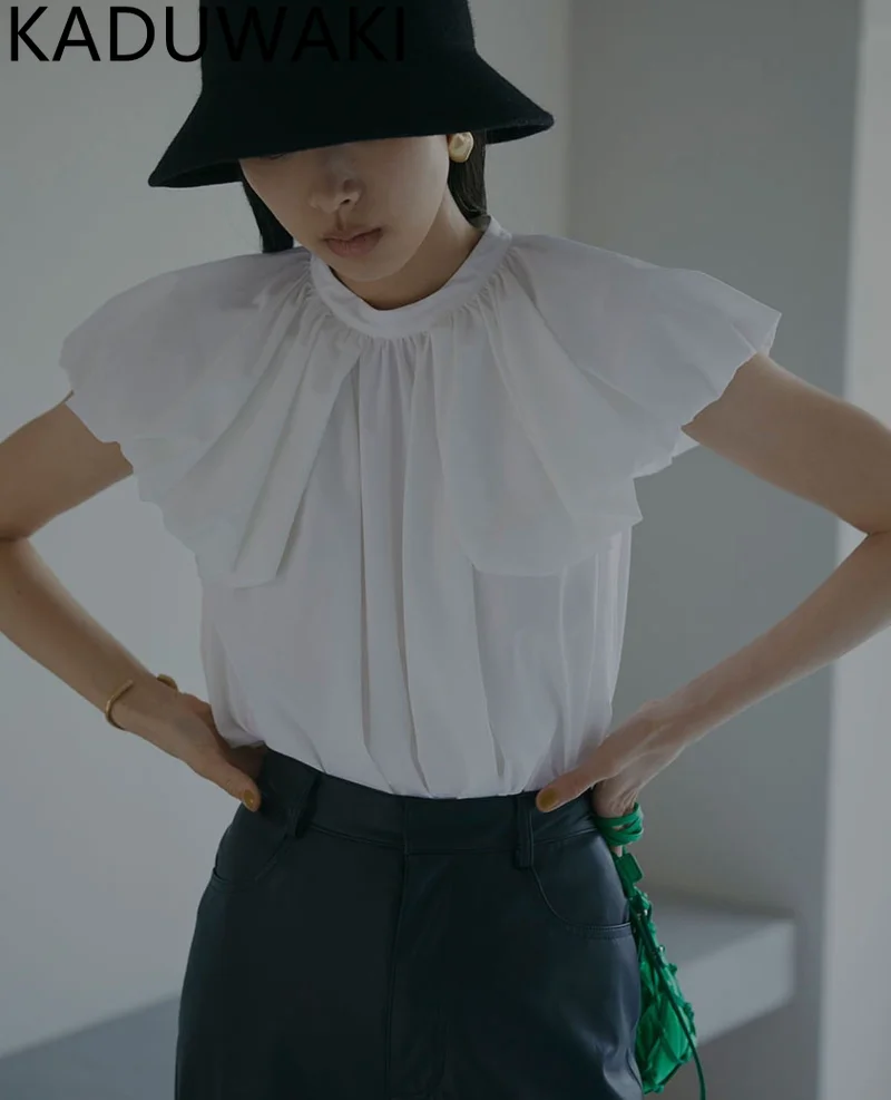 

Блузка в японском стиле ленивая, белая модная блузка с круглым вырезом и облачными плечами, Новинка лета 2023, Французская женская блузка, Свободный Тонкий Топ