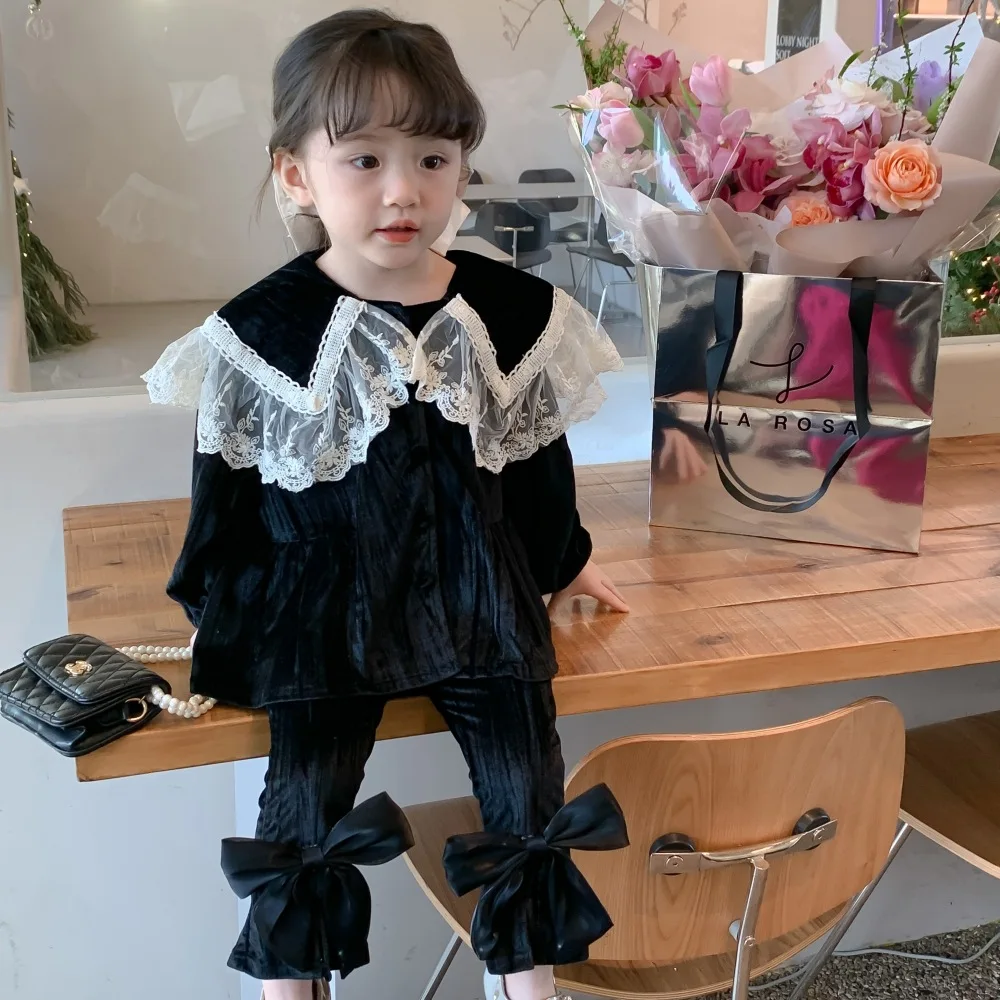 

Кружевной комплект для девочек, детская одежда с лацканами, милый стиль, корейский стиль, из двух предметов, весна 2023, новый комплект для девочек, одежда, одежда с бантом