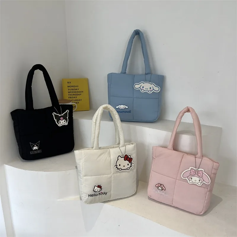 

Sanrio Kawaii Hello Kitty Tote Bag Anime New Cinnamoroll Down Cloth Large Capacity Handbag Outing Cosmetic Bag Cute Girl Gift