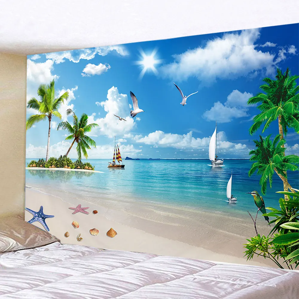 

Refreshing Natural beach Landscape Decorative Tapestry Seaside coconut Tree Wall Hanging Art Deco Tapestry Room Home decor