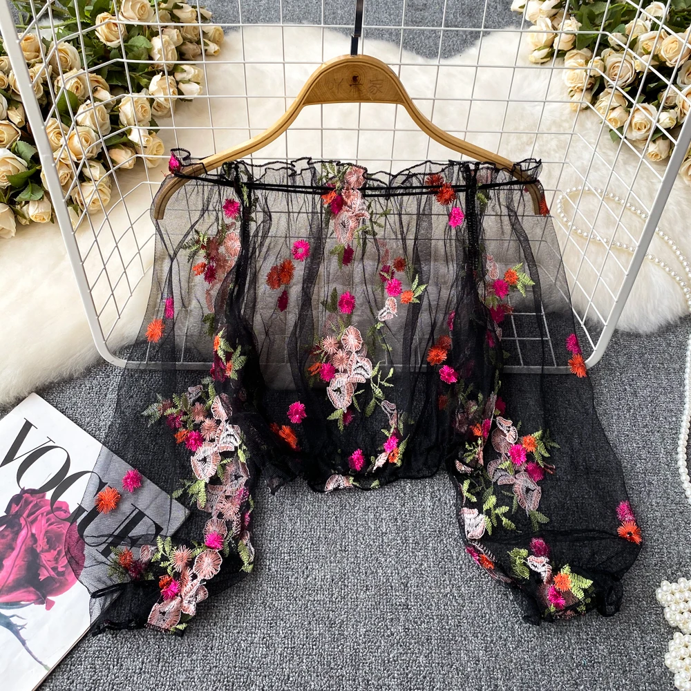 

Summer Off The Shoulder Slash Neck Lantern Long Sleeve Printed Perspective Mesh Chiffon Shirt Women's Clothing Casual Top