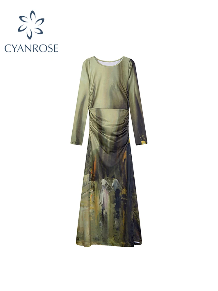 

Women's Print Evening Long Dress Elegant Long Sleeve Beach Dress Vintage Vestidos 90s Y2k O-Neck One Piece Frocks 2000s Clothes