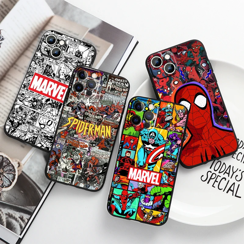 

Marvel Spiderman Hero For Apple iPhone 14 13 12 11 Pro Max Mini XS Max X XR 7 8 Plus 5S Silicone TPU Black Phone Case Coque Capa