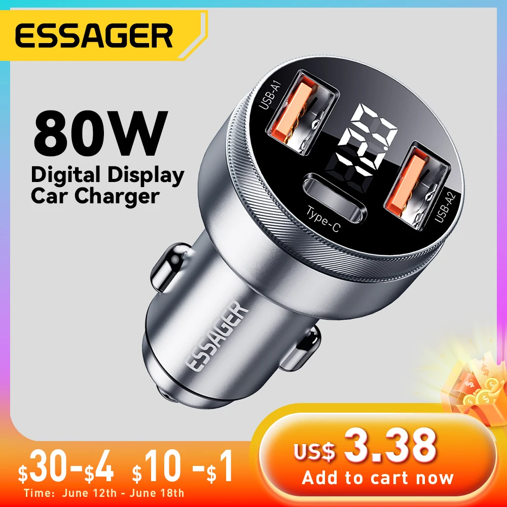 Essager 80W USB Car Charger PD USB Type C Quick Charge QC3.0 SCP 5A Fast Charger For iPhone 14 13 Xiaomi Samsung Phone Charger