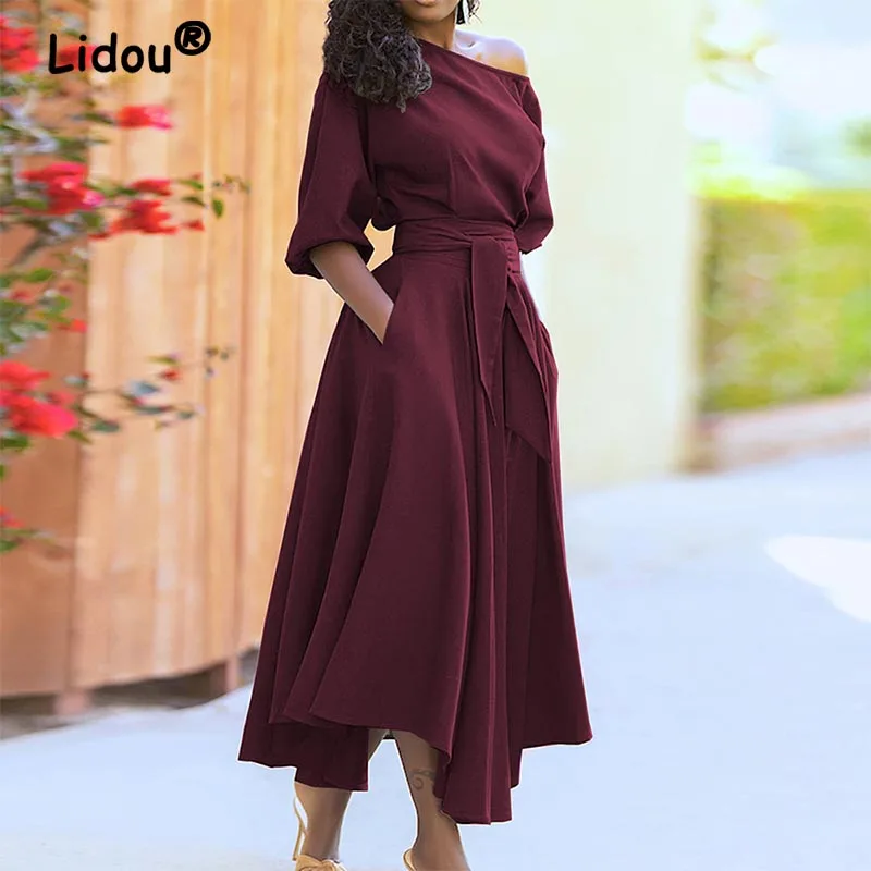 Купи Women Elegant Sexy Off Shoulder Party A-Line Dress 2022 Spring Summer Tie-Up Office Lady Casual Pocket Midi Dresses Vestido Robe за 1,226 рублей в магазине AliExpress