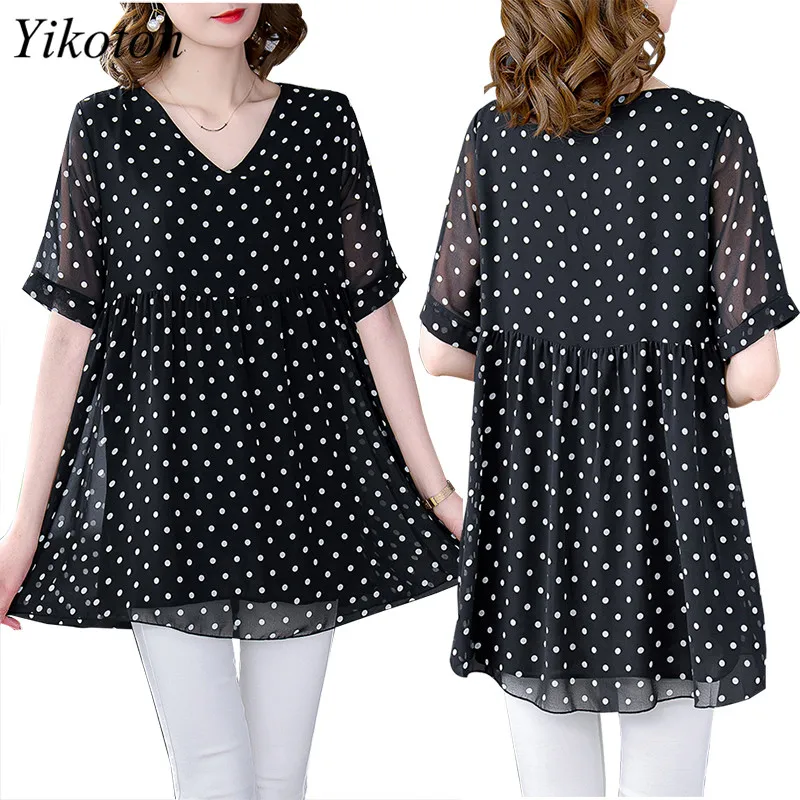 Женская шифоновая блузка в горошек Повседневная Свободная рубашка с коротким