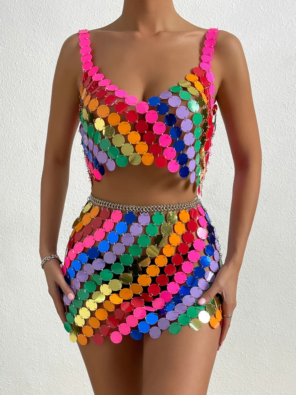 

Sexy Rainbow Sequins 2 Piece Sets Colorful Beads Backless Crop Tops And Side Slit Mini Skirt Party Club Festival Outfit