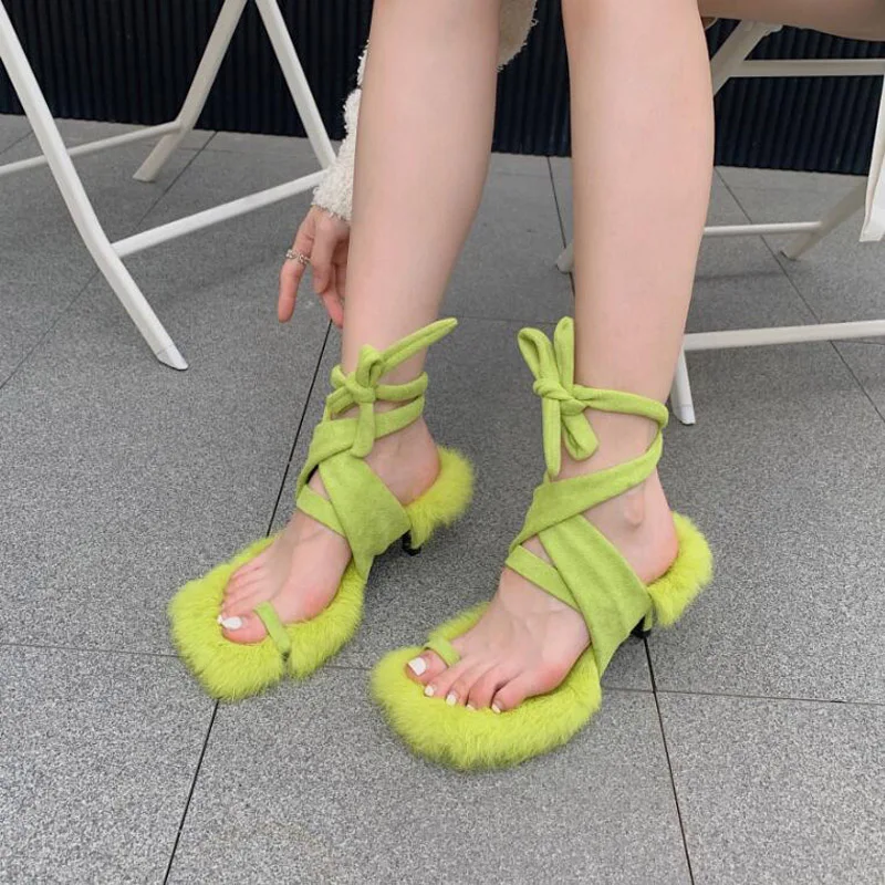

Real Rabbit Fur Sandals In Summer New Fashion Online Celebrity Slippers High Heel Strap Women Designer Shoes ZZ22-43