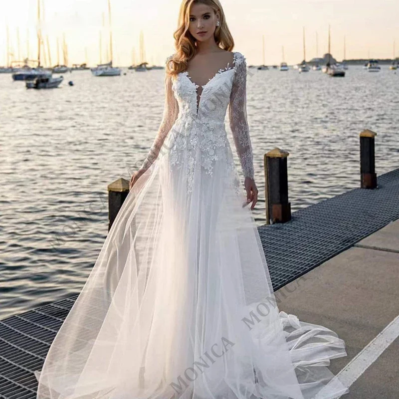 

MONICA Elegant Full Sleeves Wedding Dress Deep V Neck Beach Party Tulle Temperament Bridal Custom Dress Prom for 2022 New