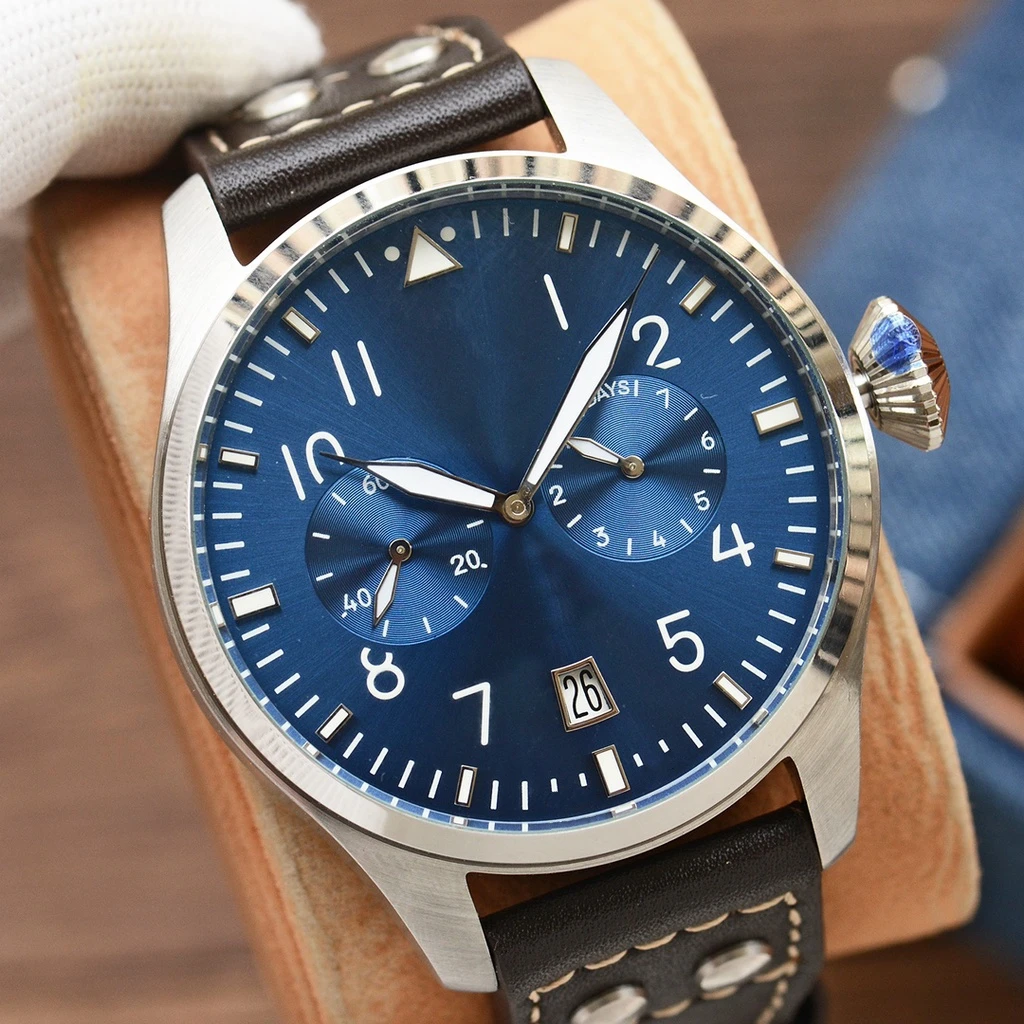 Mens automatic mechanical Watch blue black dial brown leather strap waterproof male wristwatch