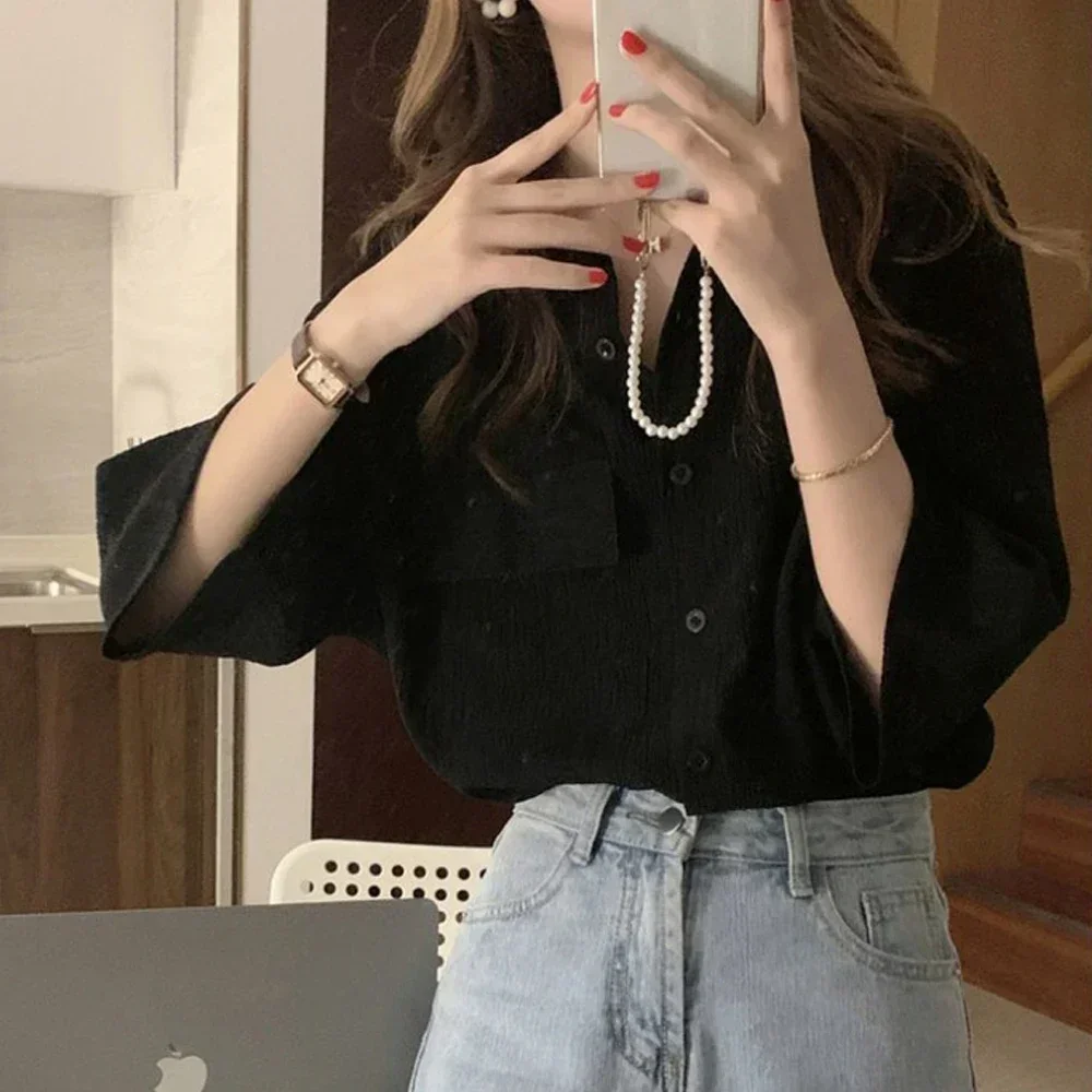 Корейская Свободная блузка с одним карманом летняя однобортная во французском