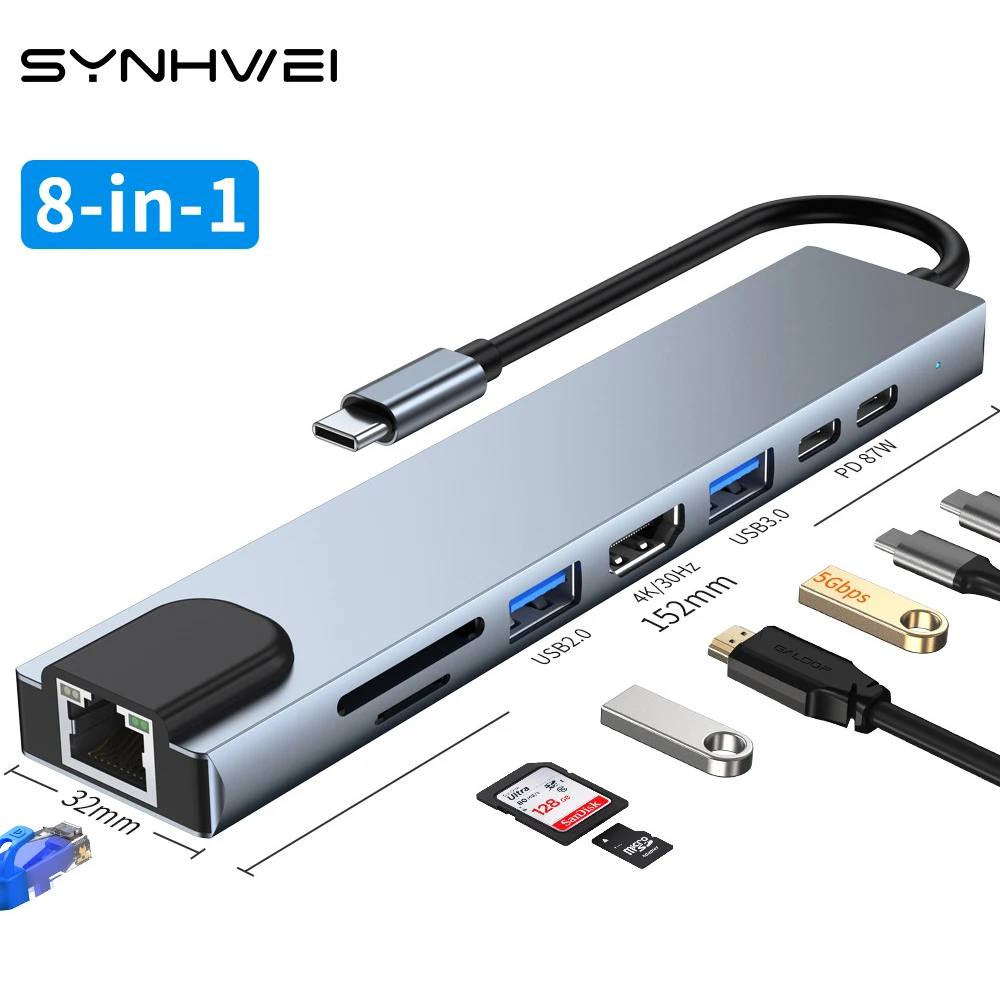 8 in 1 USB 3.0 Hub For Laptop Adapter PC Computer PD...