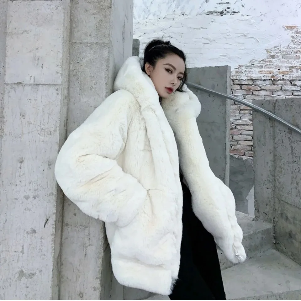 Women's Faux Fur Coat Woman Fleece Fuzzy Hooded Fluffy Shaggy Shearling Jacket Loose Overcoat Winter Outer Wear Surcoat Wrap