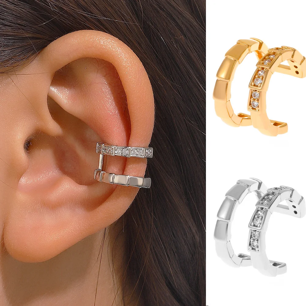 

Double Layer Snake Bone Ear Clip Ear Holes Free For Women Fashionable Temperament Statement Diamond Inlaid Bamboo Earring Cuff