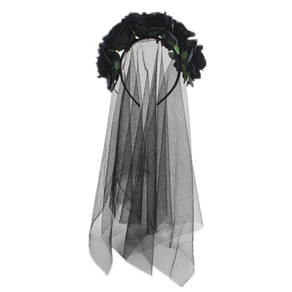 

Halloween Hair Bands Red And Black Rose Flower Veil Headbands Cosplay Dress Up Hair Accessories Day Of The Dead Head Clasp