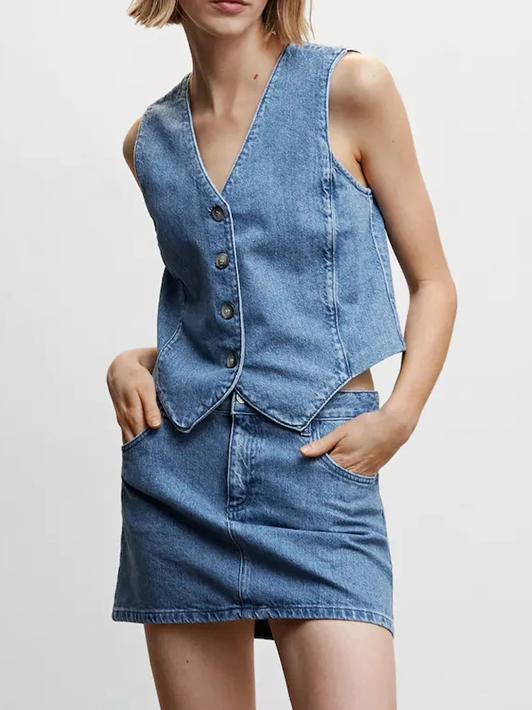 

M GIRLS Women Spring Summer Denim Vest Skirt Sets Fashion Single Breasted V-Neck Tops Elastic Waist Mini Skirts Outwear