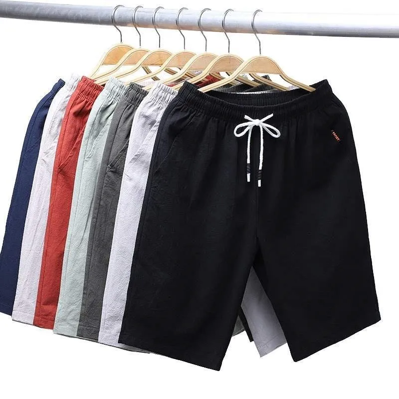 Summer cotton hemp men's casual shorts 2023 teen shorts beach pants solid color casual pants Y2K Breathable