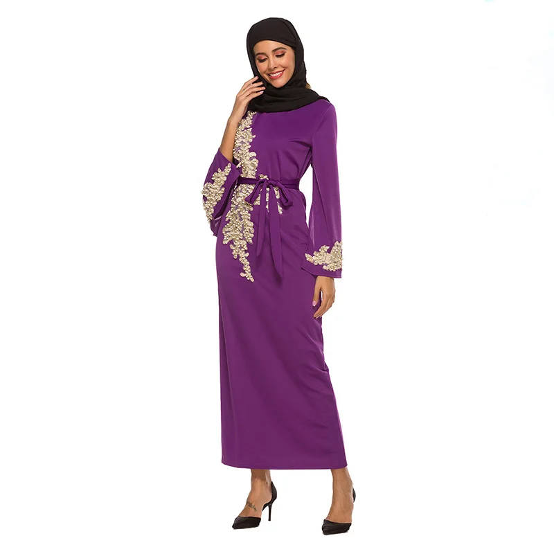 Robe Femme Musulmane Muslim Fashion Popular Fashion Elegant Embroidery Dress Lace Pin Bead Flared Sleeve Lace Long Dress Belt