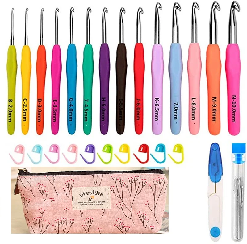 

14 Size Crochet Hooks Set,2mm(B)-10mm(N) Ergonomic Crochet Hooks with Case for Arthritic Hands, Extra Long Crochet Needles