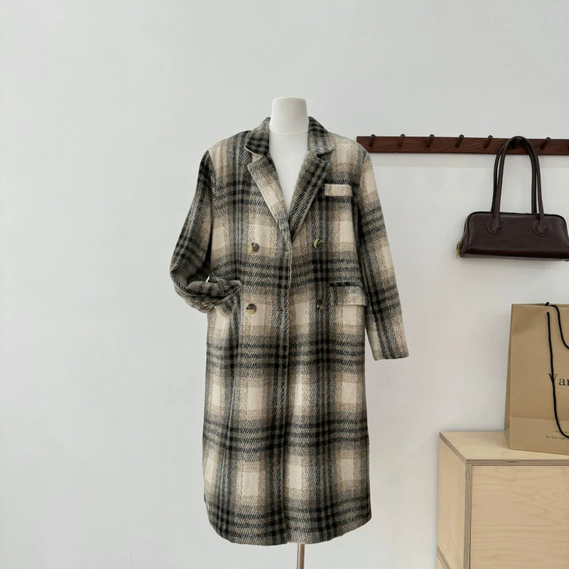 Bomon осень/зима 2024 длинное шерстяное клетчатое пальто женская модная пригородная