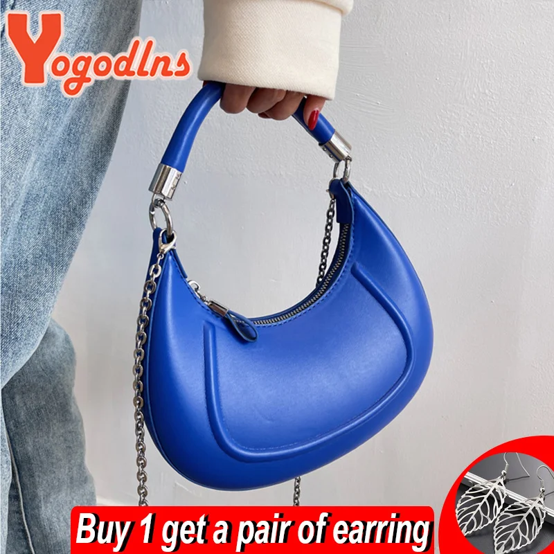 

Half-moon Bag For Women PU Leather Shoulder Bag Candy Color Underarm Bag Chains Decors Girls Handbag Totes