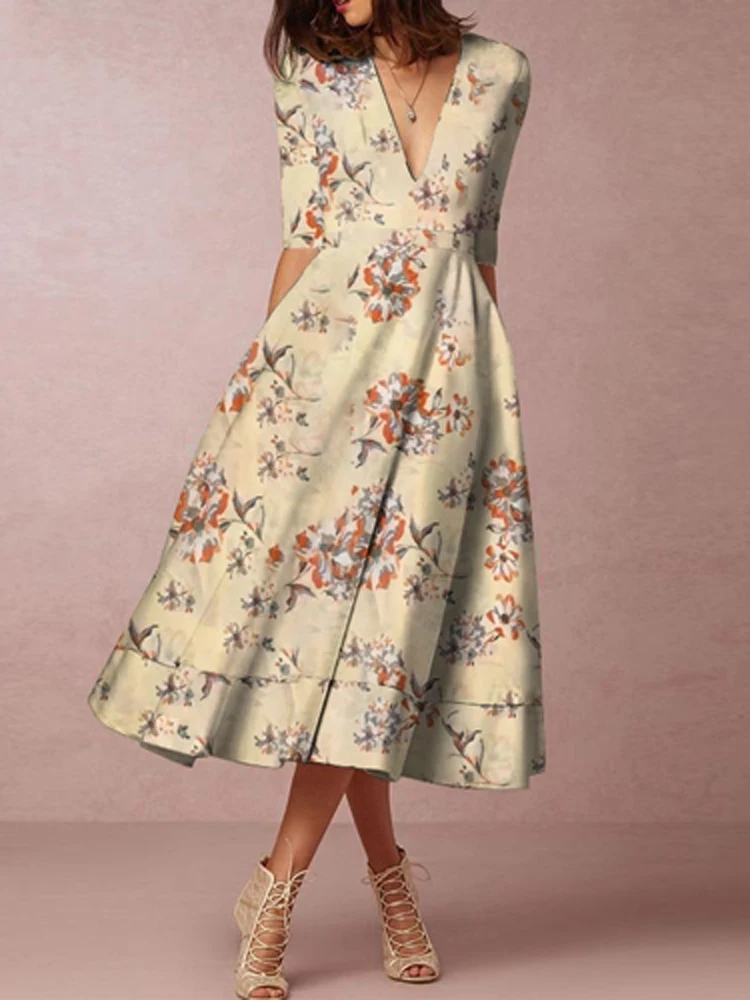 

Women Sexy V Neck Slim Waist A-Line Dress Office Elegant Floral Printed Party Long Dress Casual Half Sleeve Maxi Dress Vestidos