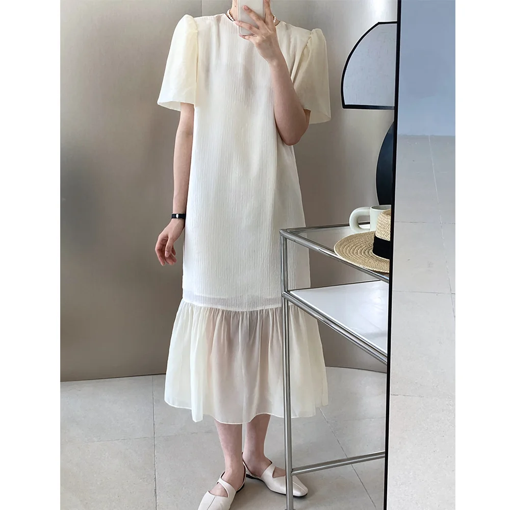 

Однотонное платье из органзы с пышными рукавами, бежевое, черное летнее элегантное женское длинное платье-годе с коротким рукавом