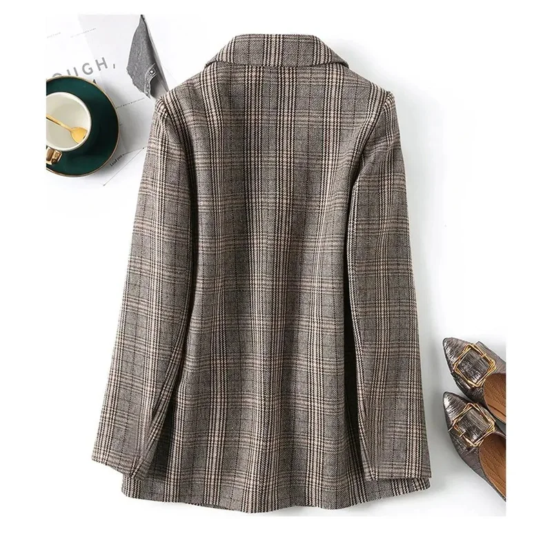 New 2023 Autumn Vintage Single Breasted Office Plaid Blazer Ladies Long Sleeve Korean Loose Suit Jacket Women Blazers Female