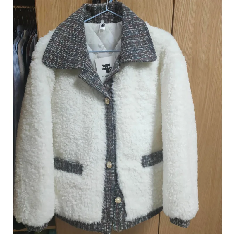 Women Winter Coat Faux Fur Lambskin Button Coat Fake Fur Fluffy Jacket Plush Two-piece suit Kawaii Plaid Outerwear Harajuku