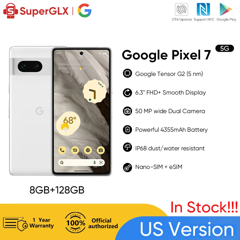 In Stock Google Pixel 7 5G Android Smartphone with Wide Angle Lens and 24-Hour Battery - 128GB - Snow enlarge