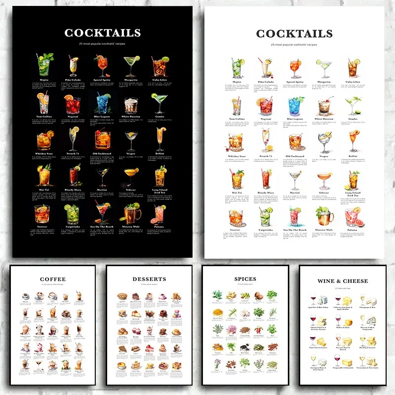 Bar Cocktails Art Prints Coffee Dessert Food Chart Posters Cocktail Wall Poster Drinks for Home Decor