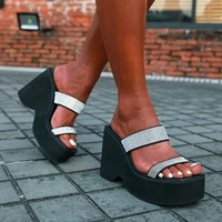 wedges high heels platform rhinestone womens slippers hollow black white summer sexy open toe street slides slip on size 35 43