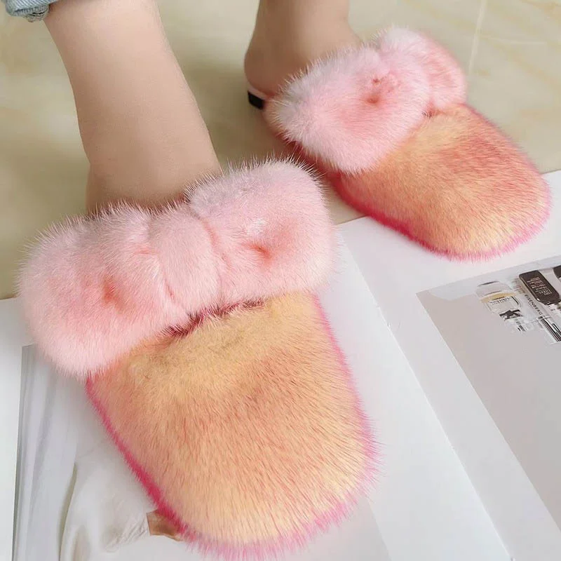 

New Women‘s Home Slippers Luxury Mink Hair Slippers Fashion Bow Comfortable Baotou Outside Wear Women's Hot Sale Fur Shoes