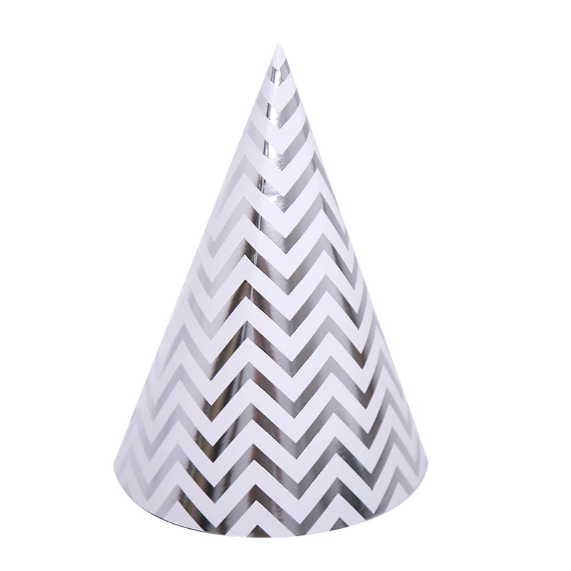 

10pcs Bronzing Birthday Hat with Rope Kids Child Party Crown Decoration Gold Silver Striped Conical Hat Paper Cap Party Supplies