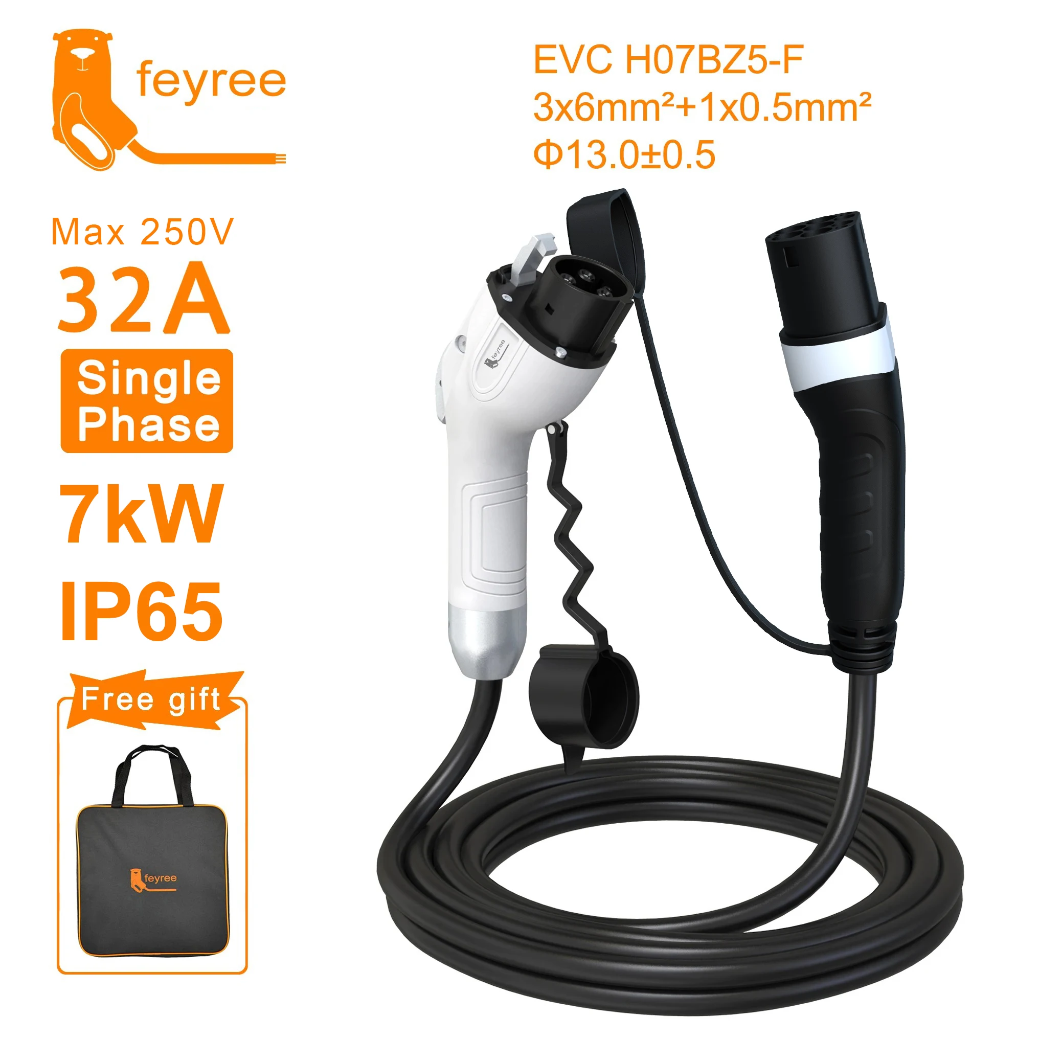 feyree Зарядный кабель для электромобилей 7 кВт, 32 А, 1 фаза, гнездо для автомобильной зарядки типа 2, боковой кабель питания 16 А, 3,5 кВт, 5 м, для электромобиля