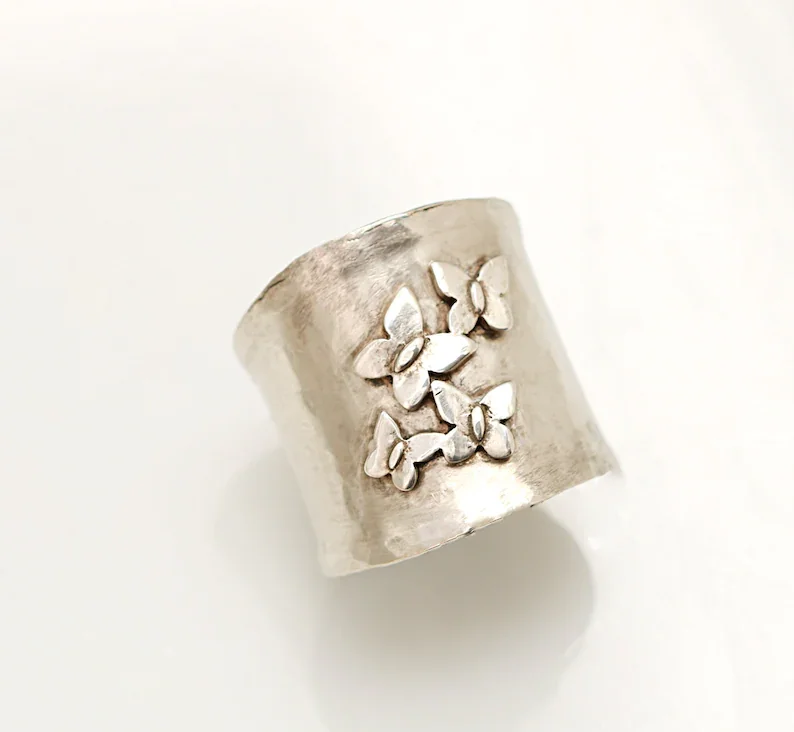 

Butterfly Ring, Boho Wide Band Ring For Women, Thumb Ring, Butterfly Gifts Nature Inspired Jewelry, Flying Butterflies