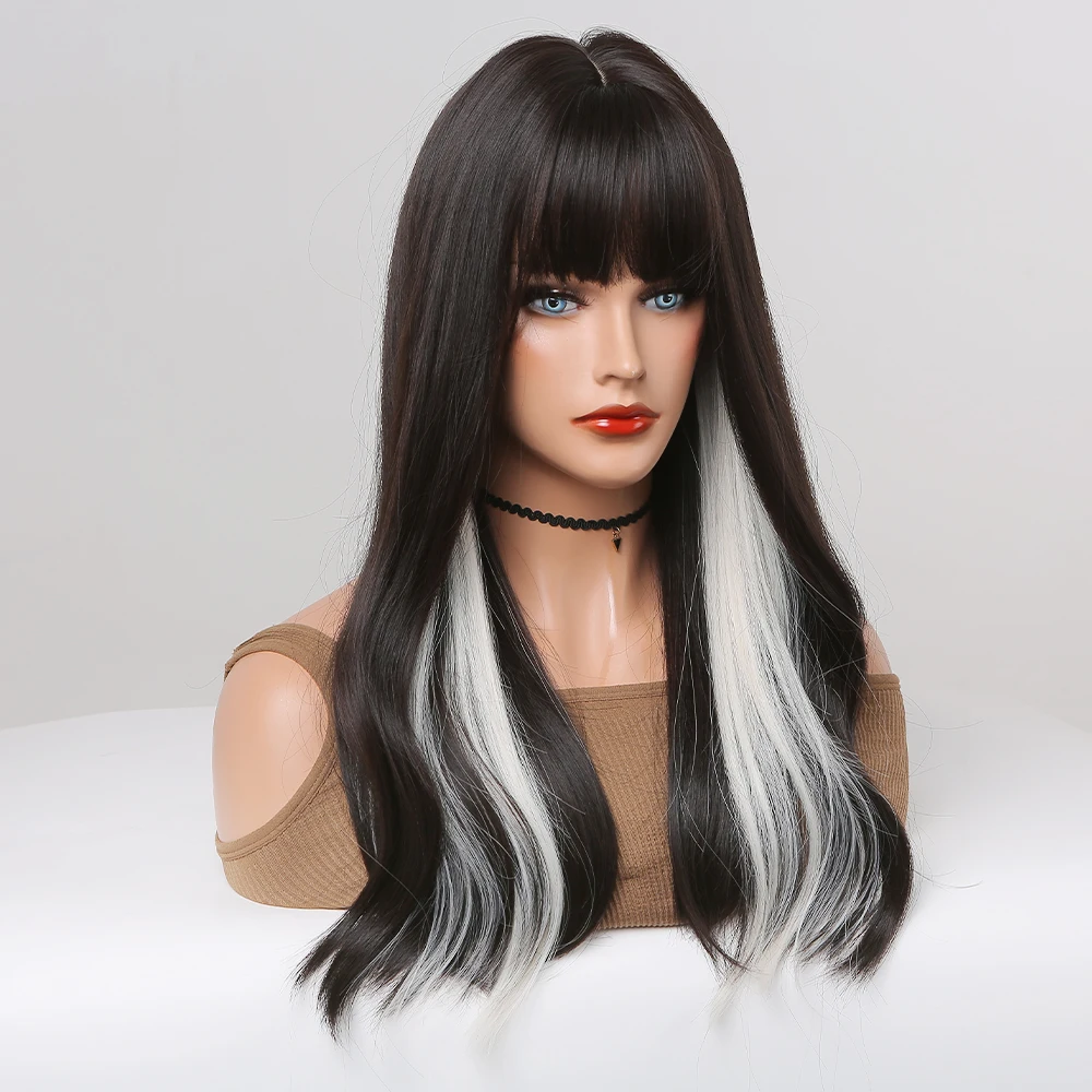 Long Natural Wavy Synthetic Wig Black Highlight White Wigs with Bangs for Women Cosplay Lolita Daily Party Heat Resistant Fibre