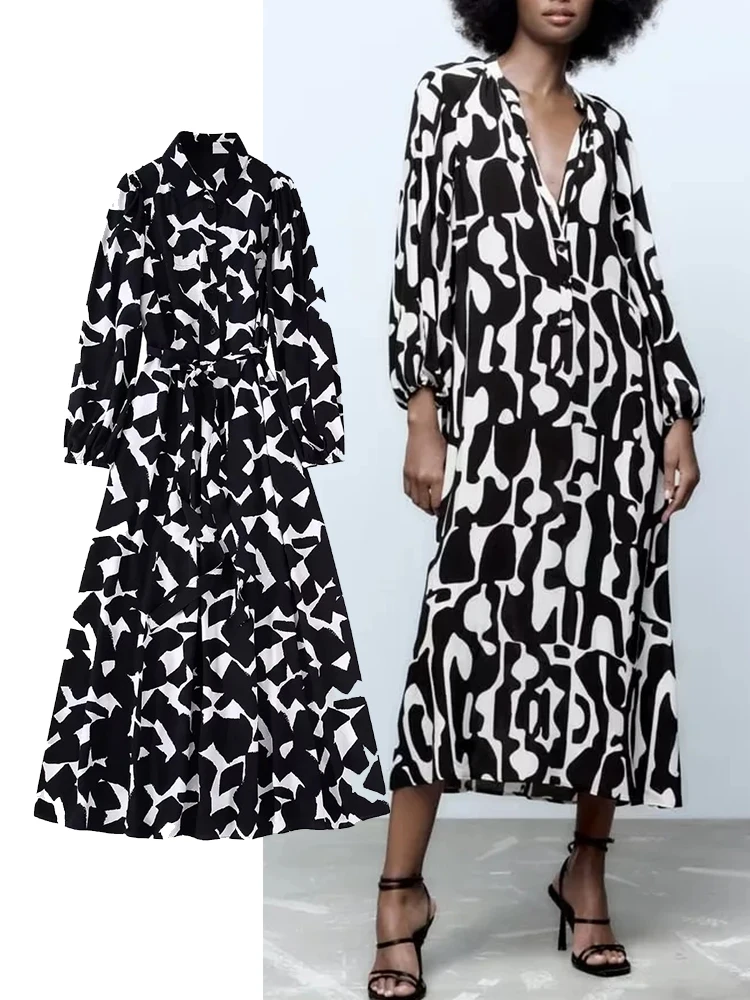 

TRAF Women 2022 New Fashion Printed Midi Dress Vintage Long Sleeve V-Neck Spring Autumn Elegant Causal Loose Dresses