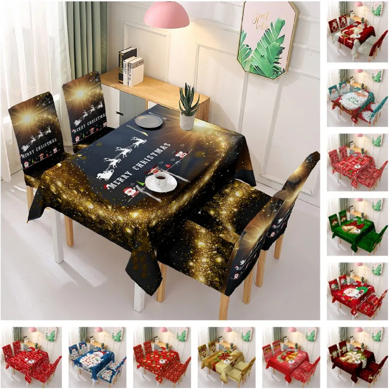 

Christmas Chair Cover Classic Santa Snowflake Tablecloth Waterproof Rectangular Dinning Table Covers New Year Party Supplies