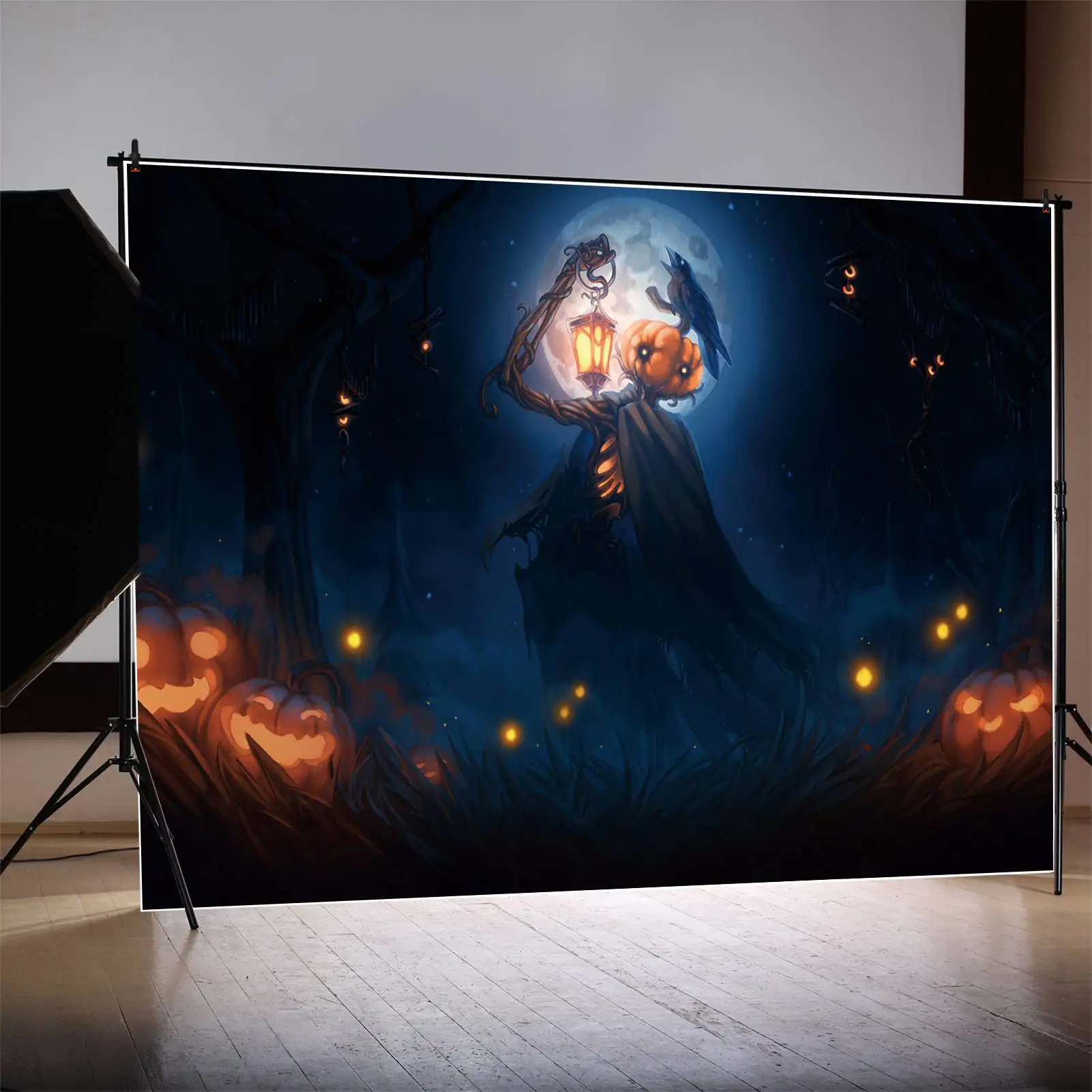 

MOON.QG Backdrop Halloween Party Forest Scarecrow Decoration Photo Booth Background Baby Jack O Lantern Crow Lamp Moon Supplies