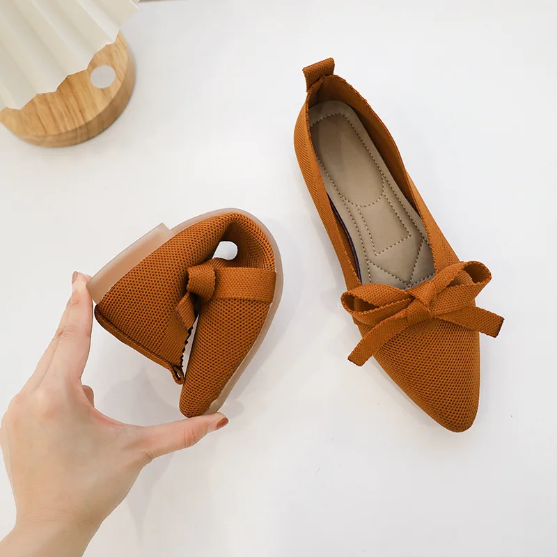 Stretch Fabric Women Ballet Flats Shoes Woman Spring Summer 2022 BowKnot Pointed Boat Shoes Knitted Driving Loafers Moccasins