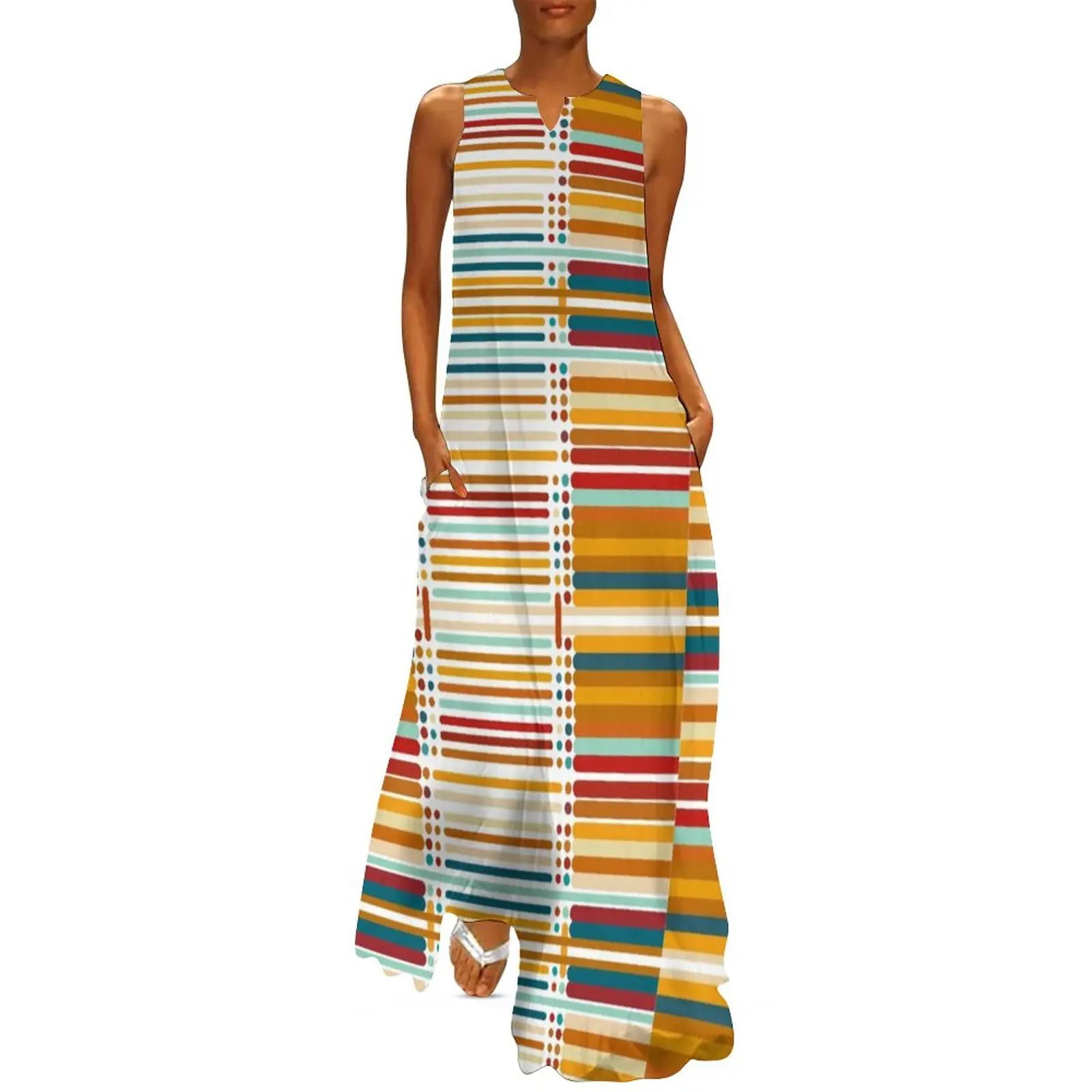 

Dots And Stripes Dress Multicolor Print Cute Maxi Dress Sleeveless Stylish Bohemia Long Dresses Korean Fashion Oversize Clothing